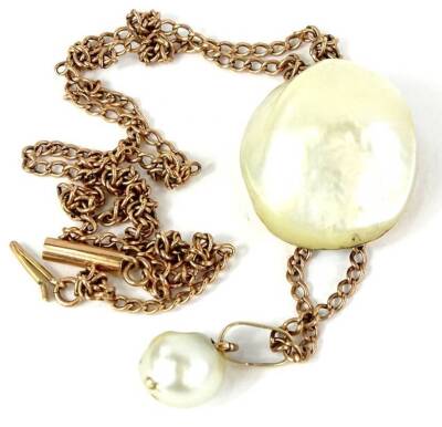 A Victorian style natural pearl necklace, with natural pearl pendant approx 2.2cm x 2.5cm, with a pearl drop, 1cm, on a yellow metal chain, unmarked, the pendant 5cm drop, 16.3g all in. Provenance: The property of Joan Stephenson, Kirkwood, North Church