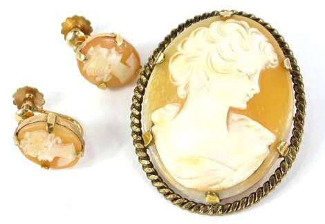 Various modern cameo jewellery, to include a cameo brooch with rolled gold border and an associated pair of earrings with rolled gold frames. (3)