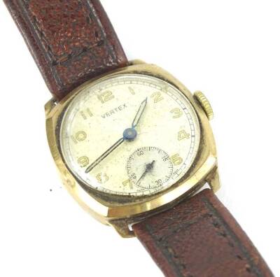 A 9ct gold Vertex gent's wristwatch, with circular dial, in square case, with seconds dials, on a brown leather strap, 27.2g all in.