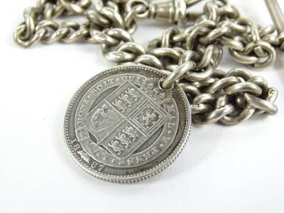 A silver watch chain and coin fob, the curb link chain with t-bar and clip, and a Victoria 1887 crown, 35cm long overall, 51.8g all in. - 2