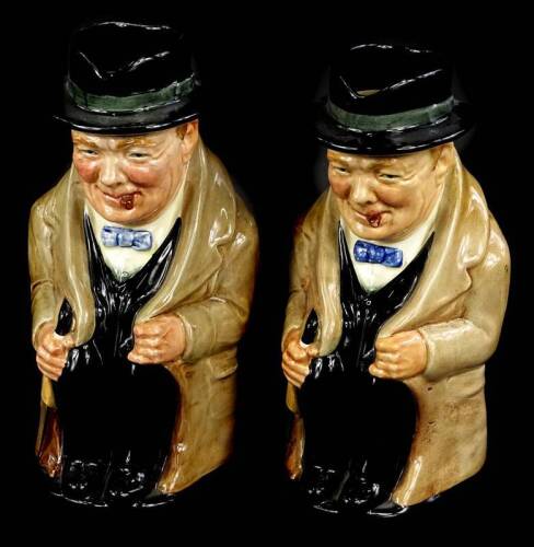 Two similar Royal Doulton Toby jugs, each modelled in the form of Winston Churchill, stamped to underside and with indistinct pattern or mould number, 22cm H.