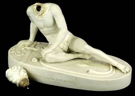 A Victorian Crystal Palace Art Union parian figure of a dying Gaul, on oval named pedestal, (AF), 38cm W.