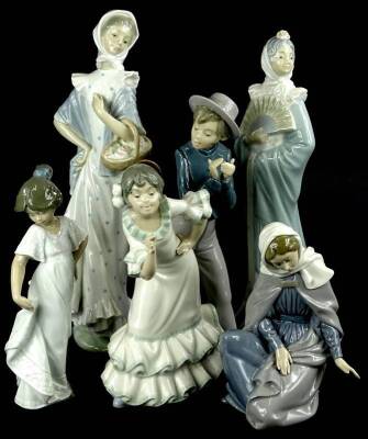Various Nao porcelain figurines etc., to include a lady with a fan, one with a basket, a gentleman clapping, young girl etc.