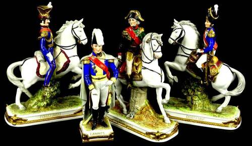 A collection of German porcelain figures, each modelled in the form of a general on horseback, to include Poniatowski, Dorsenne, Lannes and Bessieres.