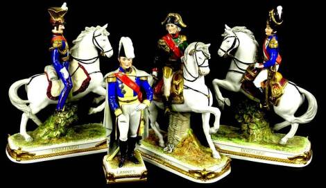 A collection of German porcelain figures, each modelled in the form of a general on horseback, to include Poniatowski, Dorsenne, Lannes and Bessieres.