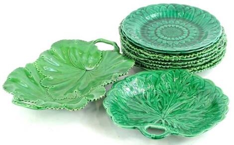 A collection of green leaf moulded plates, dishes etc., to include Wedgwood.