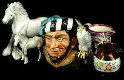 A Beswick model of a grey Shire horse, a Shire foal and a large Royal Doulton character jug The Falconer, etc.