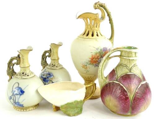 A collection of late 19thC Continental ceramics, to include a Worcester style bowl decorated with gilt leaves, etc., a ewer decorated with large pink flowers, and a pair of pierced German ewers (5).