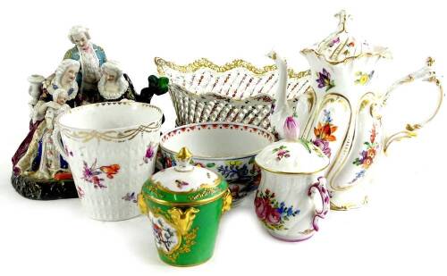 A collection of ceramics, to include a Meissen type cup with under glazed blue decoration, embellished in various colours, Dresden tapering cup, similar coffee pot, small urn and cover and a Meissen still pierced basket on gilt base. (AF)