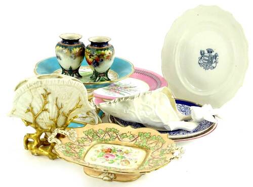 A collection of ceramics, to include Royal Worcester stand, pair of Worcester vases decorated with leaves and fruit, a shell shaped vase, wall pocket etc. (AF)