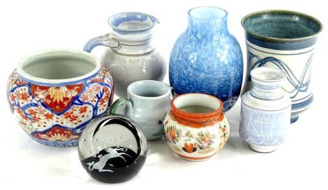 A collection of items, to include Japanese Imari bowl, Caithness Sagittarius paperweight, studio pottery etc.