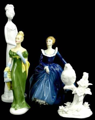 A collection of porcelain figurines, to include Pauline Shone, Victoria, Royal Doulton Lorna, and a Crown Staffordshire bird on a branch, modelled by J T Jones.