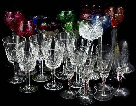 A collection of cut glass, to include various hot glasses with coloured tinted bowls and faceted stems etc.