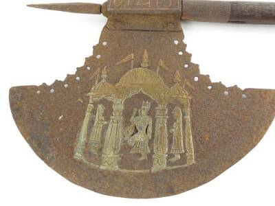 An iron and hardwood axe, decorated to the iron blade with figures within a tent etc., and stylised Arabic type writing, the handle embellished with brass roundel's and with an iron end, 77cm L. - 2