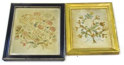An early 19thC raised wool work picture, depicting a spray of flowers, leaves etc., on a linen backing, 44cm x 35cm, and a 19thC silk floral picture 38cm x 28cm. (2) Provenance: The property of Joan Stephenson, Kirkwood, North Church Walk, Newark, Notting