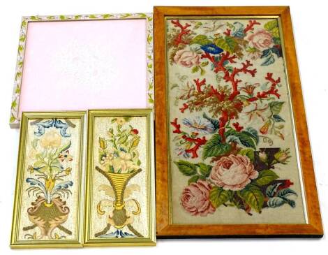 A Victorian wool work picture, embroidered with flowers, branches, leaves etc., in associated birds eye maple frame, 57cm x 27cm, a pair of embroidered silk pictures of flowers etc., and a fine lace picture in painted frame. Provenance: The property of Jo