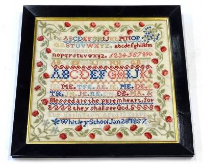 A mid 19thC wool work sampler, embroidered by Elizabeth Errington age 13 years, Whitley School, January 18th 1857, 41cm x 41cm. Provenance: The property of Joan Stephenson, Kirkwood, North Church Walk, Newark, Nottinghamshire.