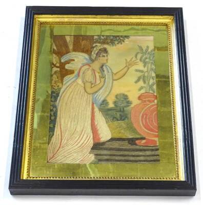 An early 19thC silk work picture, in the form of a lady beside and urn and tree etc., later mounted, 35cm x 23cm. Provenance: The property of Joan Stephenson, Kirkwood, North Church Walk, Newark, Nottinghamshire.