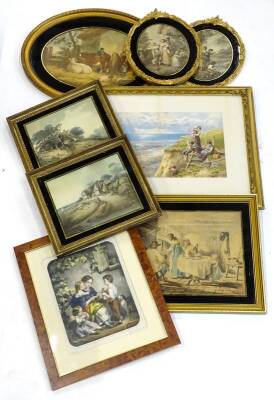 A collection of 19thC coloured engravings prints etc., each depicting figures within rural settings, to include a scene after George Moorland, depicting figures cattle etc. Provenance: The property of Joan Stephenson, Kirkwood, North Church Walk, Newark,