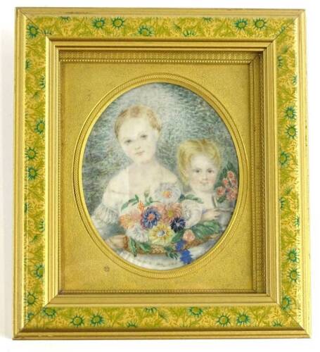 19thC School. Young boy and a girl, holding flowers, miniature on ivory, oval, 8cm x 7cm. Provenance: The property of Joan Stephenson, Kirkwood, North Church Walk, Newark, Nottinghamshire.