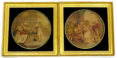 19thC school. Scenes from Shakespeare, to include a gentleman within a basket, King etc., circular 30cm dia, in gilt frames with blackened gilt verre eglomise mount. Provenance: The property of Joan Stephenson, Kirkwood, North Church Walk, Newark, Notting