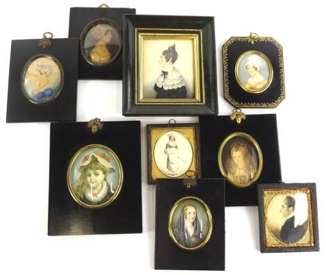 19thC School. A lady wearing black dress with lace collar, presumably mourning, watercolour, 10cm x 8cm, and other various miniature pictures and prints etc. Provenance: The property of Joan Stephenson, Kirkwood, North Church Walk, Newark, Nottinghamshire