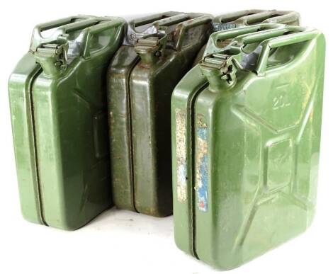 Four green painted military use jerry cans