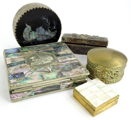 Various small silver plated and brass boxes, to include an oriental example decorated with a dragon, etc.