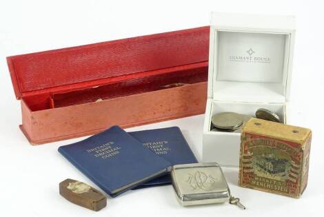 A quantity of miscellaneous items, to include a silver plated snuff box, various coins to include, some silver, costume jewellery, a treen box with sliding lid carved in the form of a coffin, etc.