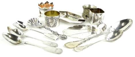 A collection of silver and silver plate etc., to include spoons, ashtray, small server etc.