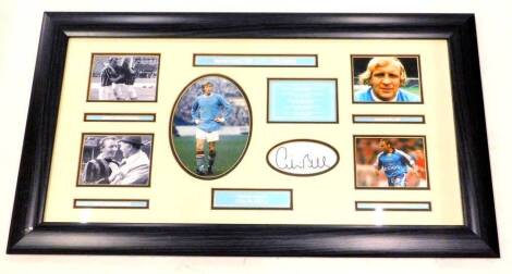 A montage of photographs relating to Manchester City football legends, signed by Colin Bell, framed, 34cm x 69cm.