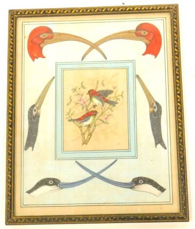 19thC School. Birds on a branch, painted onto silk, the border painted with the heads and bills of exotic birds, possibly Indian, unsigned, 31cm x 24cm overall.