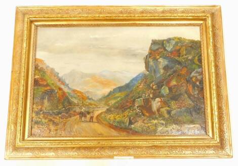 A.P. (19thC School). Figures on a mountain road, oil on board, 35cm x 50cm.