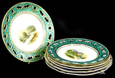 A collection of 19thC and later plates, to include a pair of Davenport plates, each painted with a river landscape, within a green border, a pair of Spode plates, painted with a scene of Haverford West and Dune Castle Perthshire (6).