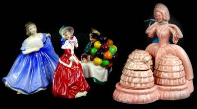 A collection of ceramic figurines, to include Royal Doulton Elaine, The Old Balloon Seller (small), Christmas Morn (small) and a Carltonware cruet (4)