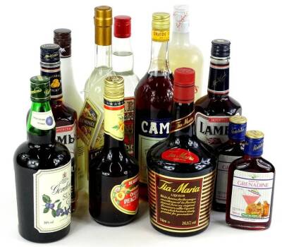 A collection of liqueurs, to include Tia Maria, Vodka, Archers, Campari, Lambs Navy Rum etc.