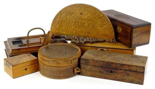 A collection of treen objects, to include a Victorian oak desk stand, an oak wall bracket, yew wood box etc.