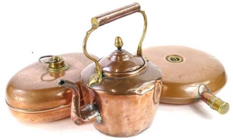 A Victorian copper and brass kettle and cover, an oval bed warmer with brass stopper and another circular bed warmer with brass side tap etc.