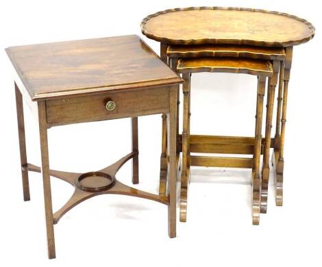 A 19thC mahogany occasional table, the rectangular top with a moulded edge above a frieze drawer on square tapering legs with X shaped under tier for a bowl, adapted, 43cm W, and a nest of three walnut tables, each with a pie crust border on turned suppor