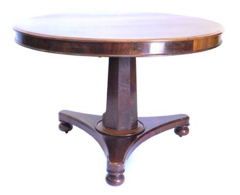 A Victorian mahogany breakfast table, the circular top with a moulded edge on an octagonal column with concave platform base on bun feet, 103cm W. Provenance: The property of Joan Stephenson, Kirkwood, North Church Walk, Newark, Nottinghamshire.