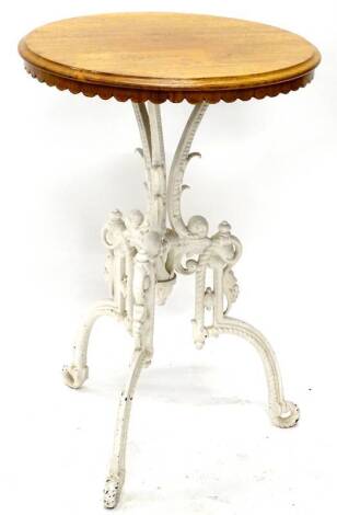 A Victorian cast iron table, the circular mahogany top with a lugged frieze, the base decorated with leaves, scrolls and stylised rope twist, 46cm dia. Provenance: The property of Joan Stephenson, Kirkwood, North Church Walk, Newark, Nottinghamshire.