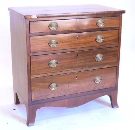 A small 19thC mahogany chest of drawers, the rectangular top above an arrangement of four graduated drawers, on splay feet, converted, 68cm W. Provenance: The property of Joan Stephenson, Kirkwood, North Church Walk, Newark, Nottinghamshire.