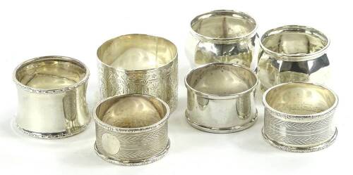 Various silver napkin rings, to include George V silver example of inverted form with lower raised banding, Birmingham 1910, 4cm H, various others, 5 ½oz all in (a quantity).