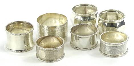 Various silver napkin rings, to include George V silver example of inverted form with lower raised banding, Birmingham 1910, 4cm H, various others, 5 ½oz all in (a quantity).