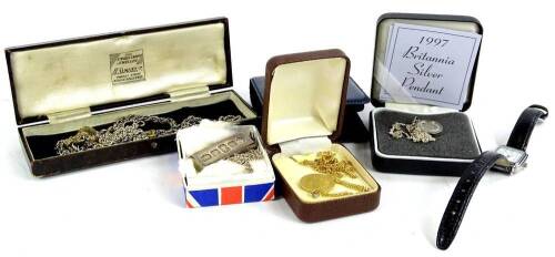 A quantity of silver and other jewellery, to include a silver 1997 Britannia silver pendant and chain, boxed with certificate, a silver gilt sixpence 1967 coin pendant and chain, a silver ingot pendant on silver plated chain, a gilt seal fob and various l