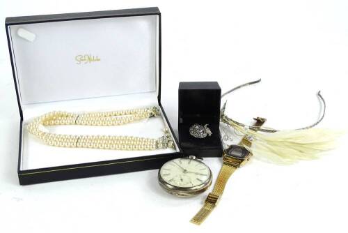 Modern jewellery and watches, to include a silver cased fob watch, with white enamel dial and Roman numerals, with seconds dial, marked to interior IAT, Chester assay, together with tiara, modern dress watch, a silver and marcasite pendant, faux pearl bra