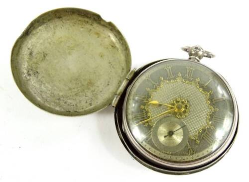 A silver pocket watch, the dial with gilt metal damascened decoration, Roman numerals etc., London 1862, in associated plated outer case.