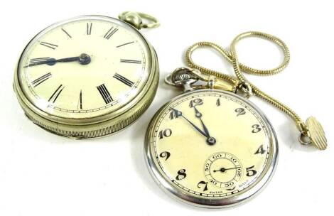 A silver plated pocket watch, with Roman numerals and cream coloured dial and an Art Deco chrome plated pocket watch (2)