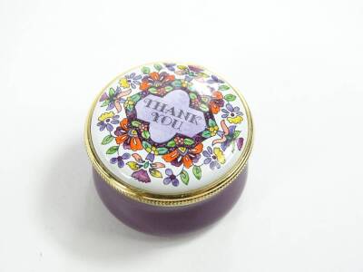 A 20thC Staffordshire enamel box, 3cm Dia, contained in an Asprey and Garrard box. - 2