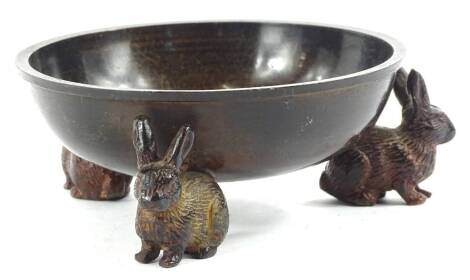 A polished metal dish, of circular form, 11cm dia, with Durer type rabbit feet. Provenance: The property of Joan Stephenson, Kirkwood, North Church Walk, Newark, Nottinghamshire.